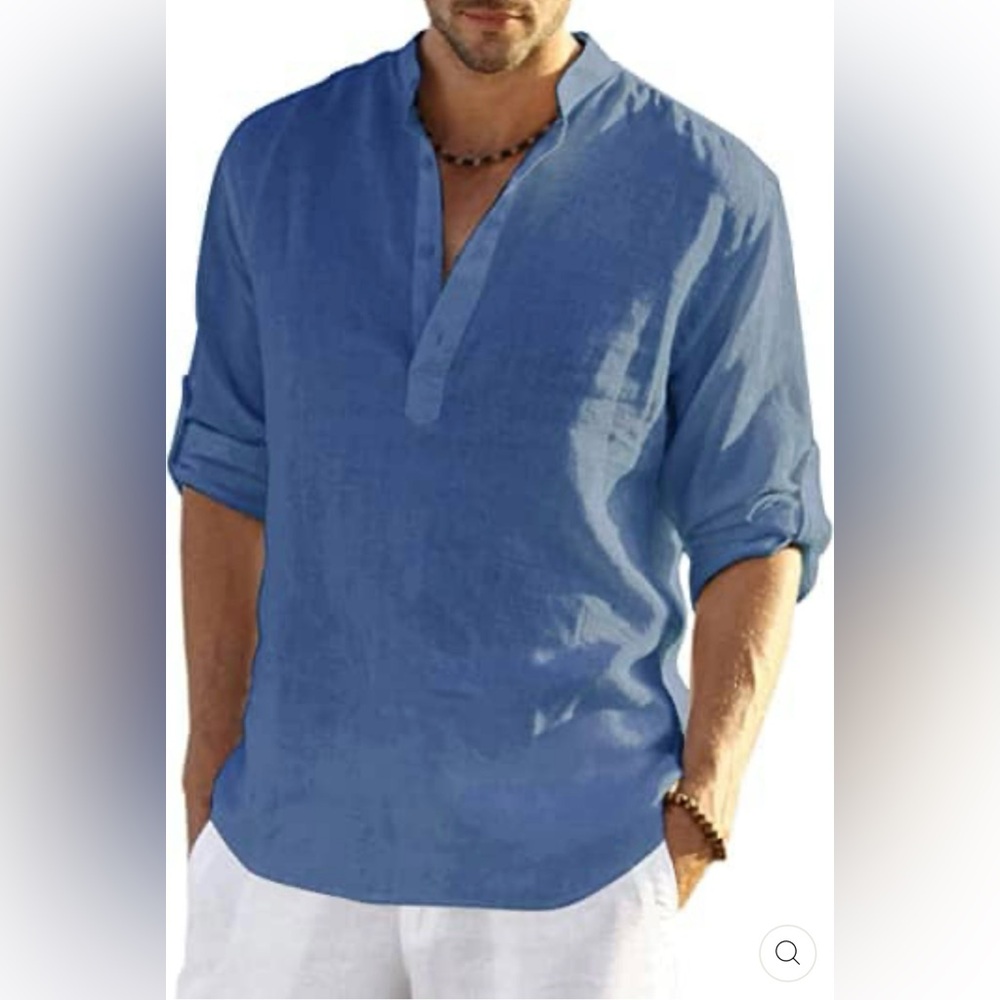 Men's Blue Casual beach shirt. 95% cotton 5% hemp. Roll up sleeves, lightweight